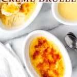 Creme brulee with text overlay.