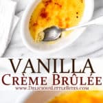 Two images of creme brulee with text overlay between them.