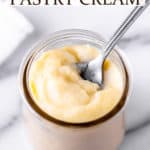 Pastry cream in a glass jar with text overlay.