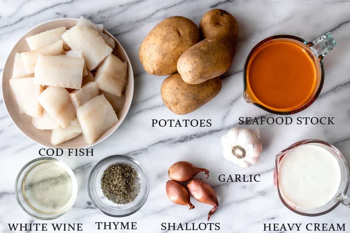 Ingredients needed to make cod chowder with text overlay.
