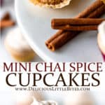 Two images of mini chai cupcakes with text overlay between them.