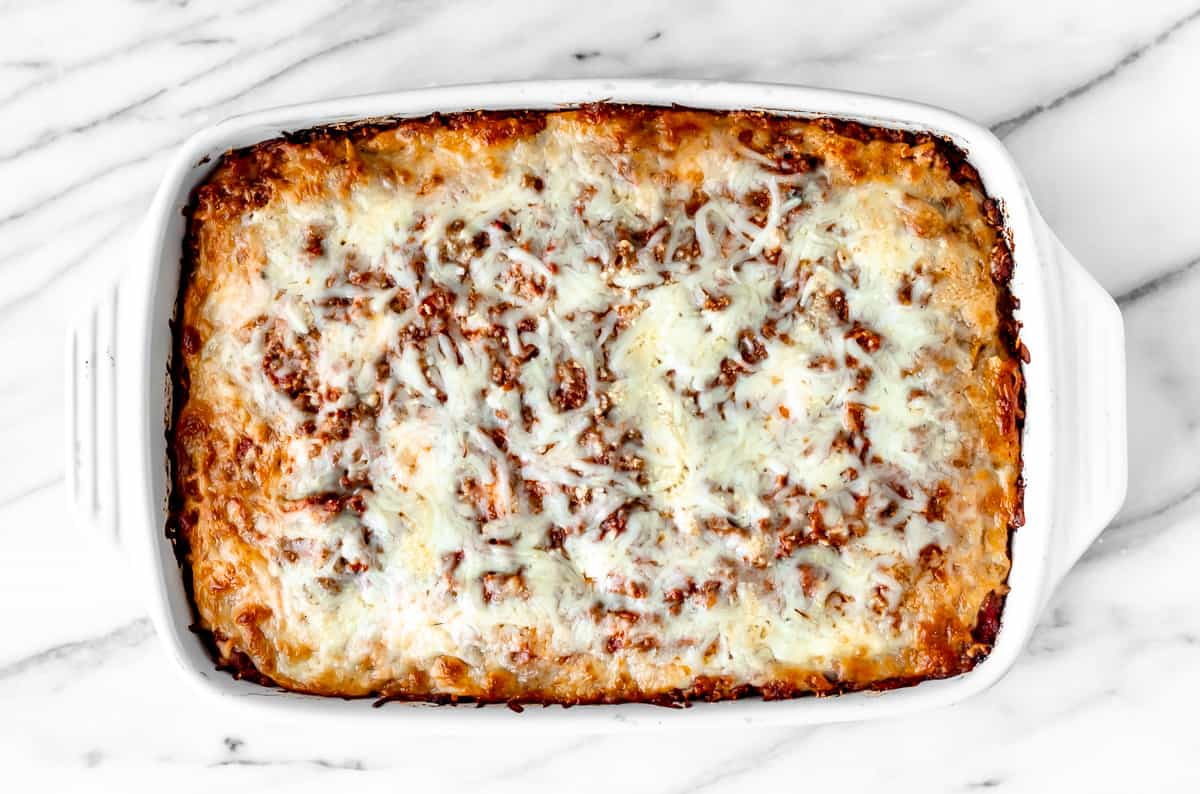 Baked ziti in a casserole dish.