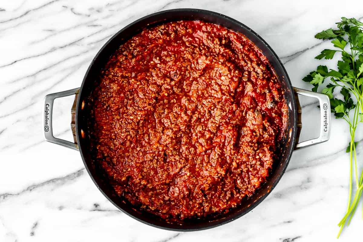 Meat sauce in a skillet.