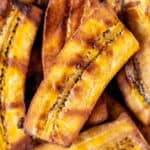 Grilled plantains with text overlay.