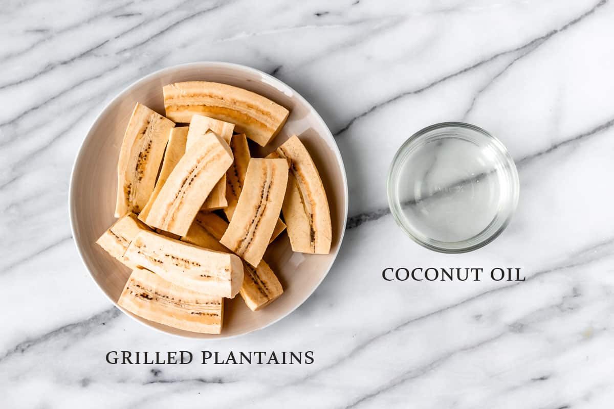 Ingredients needed to make grilled plantains with text overlay.