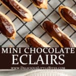 Two images of mini eclairs with text overlay between them.