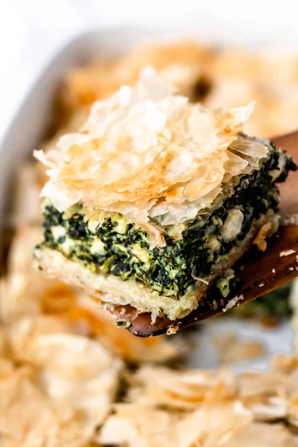 A serving of spanakopita being lifted up over the casserole dish with a server.