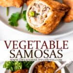 Two images of vegetable samosas on a plate with mango chutney with text overlay between them.