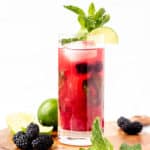 Blackberry mojito in a glass with blackberries and mint leaves around it.