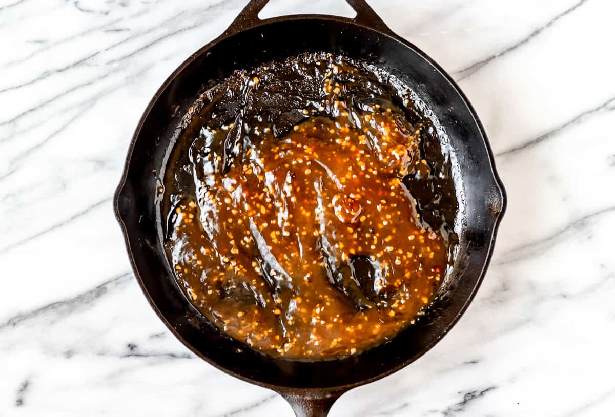 Orange glaze in a cast iron pan.