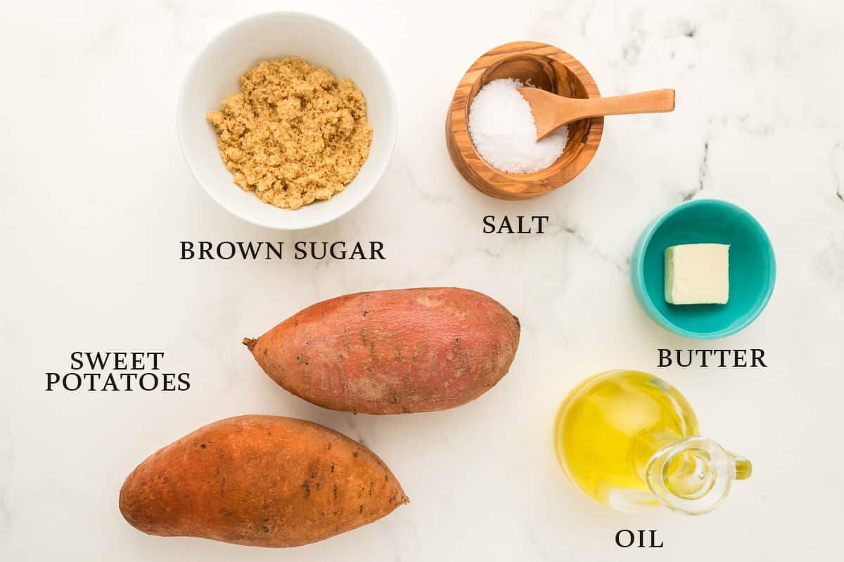 Ingredients for air fryer sweet potatoes with text overlay.