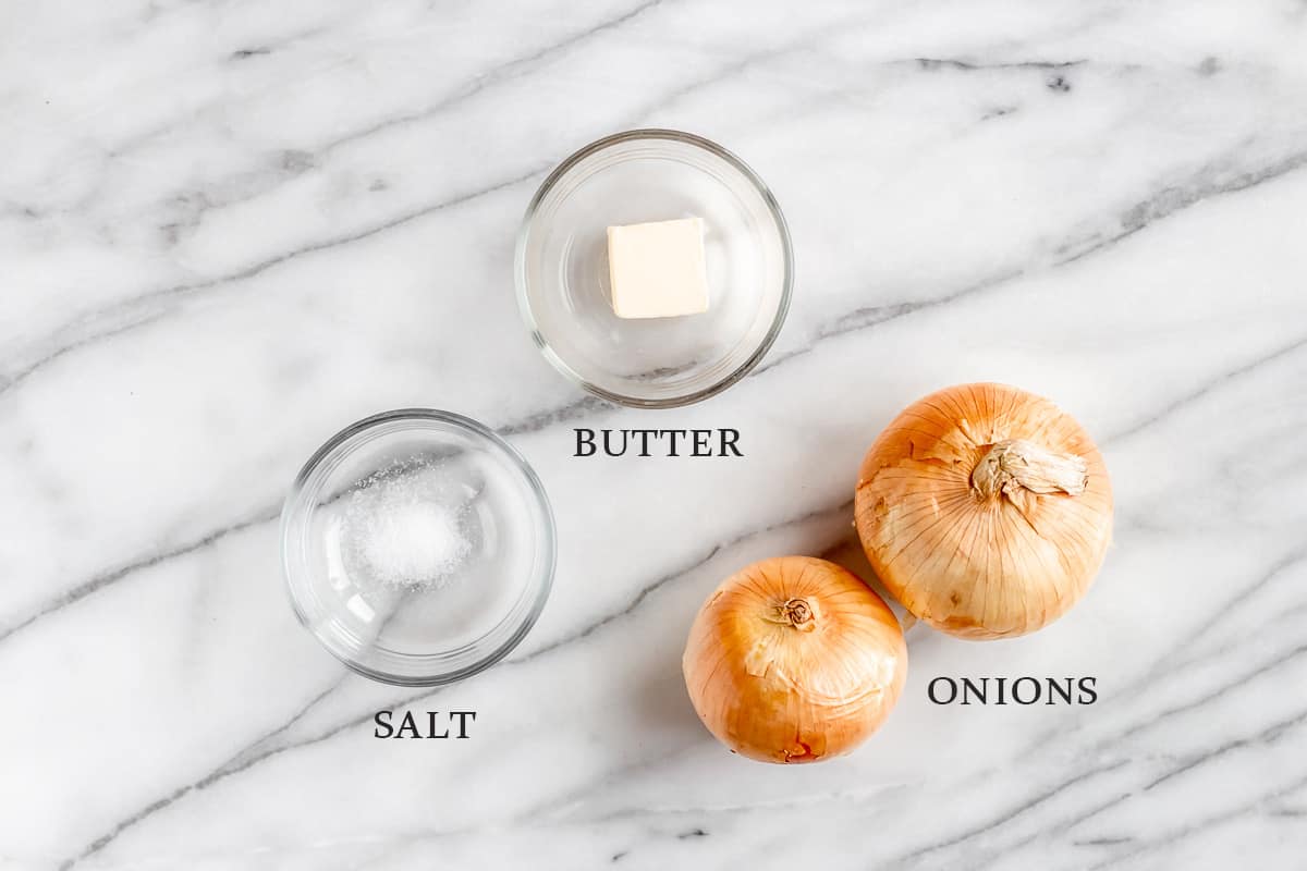 Ingredients to make caramelized onions with text overlay.