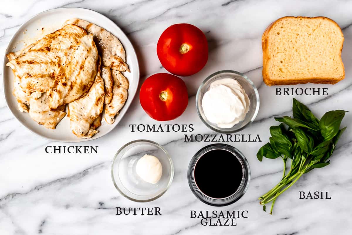 Ingredients for a chicken caprese panini with text overlay.