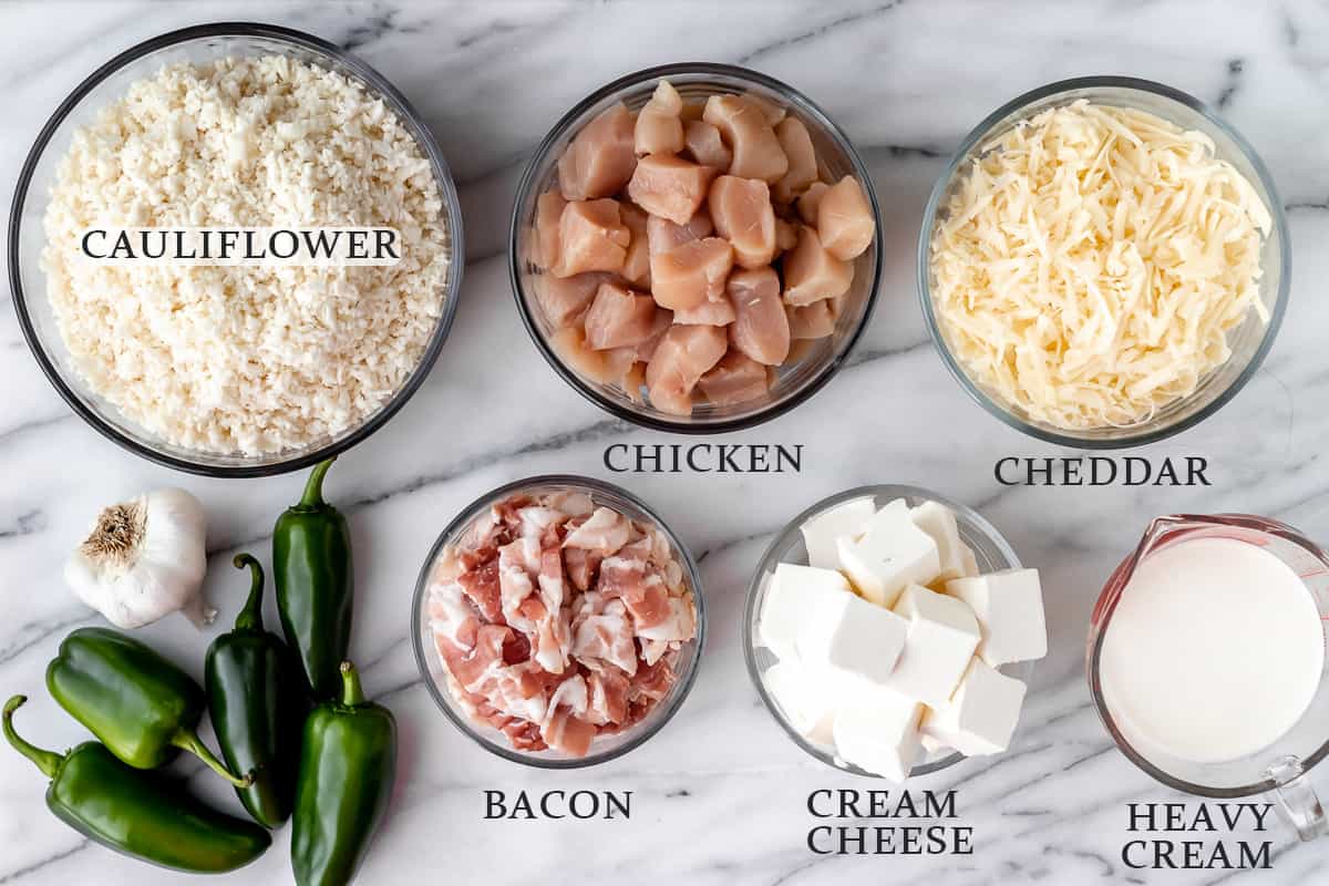 Ingredients to make a jalapeno popper chicken casserole with text overlay.