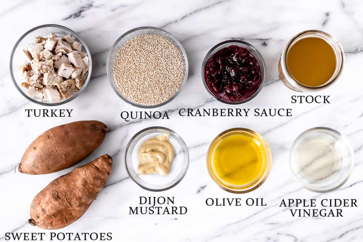 Ingredients to make leftover turkey quinoa bowls with text overlay.