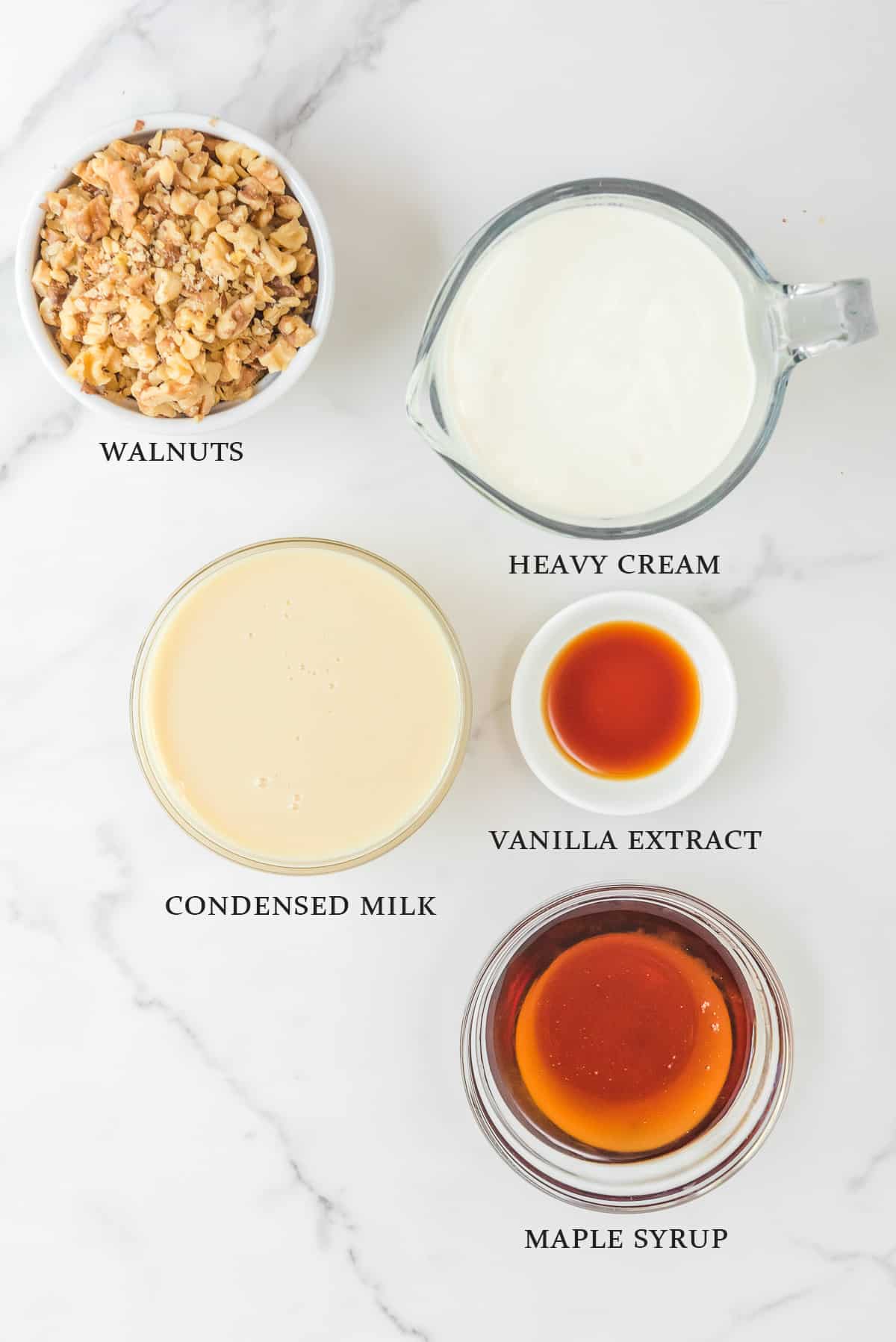 Ingredients to make no churn maple walnut ice cream with text overlay.