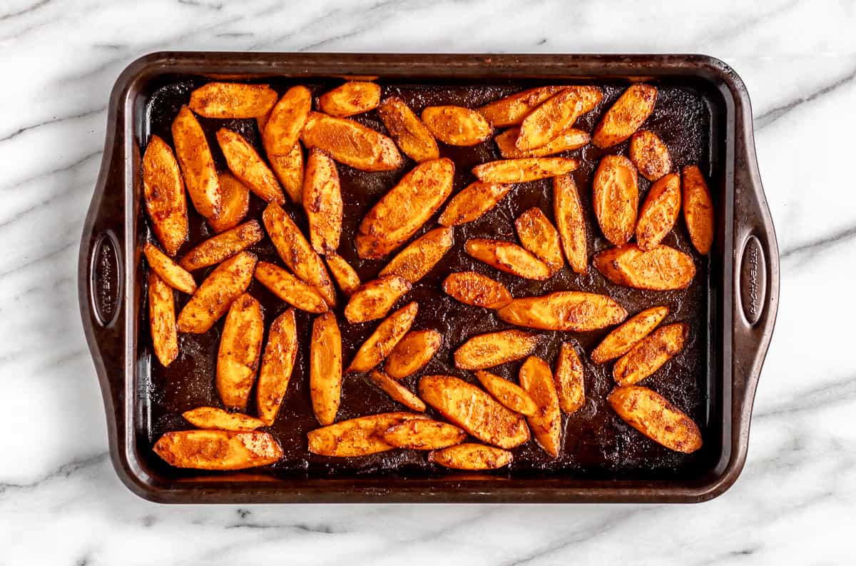 Roasted Spiced Carrots on a baking sheet.