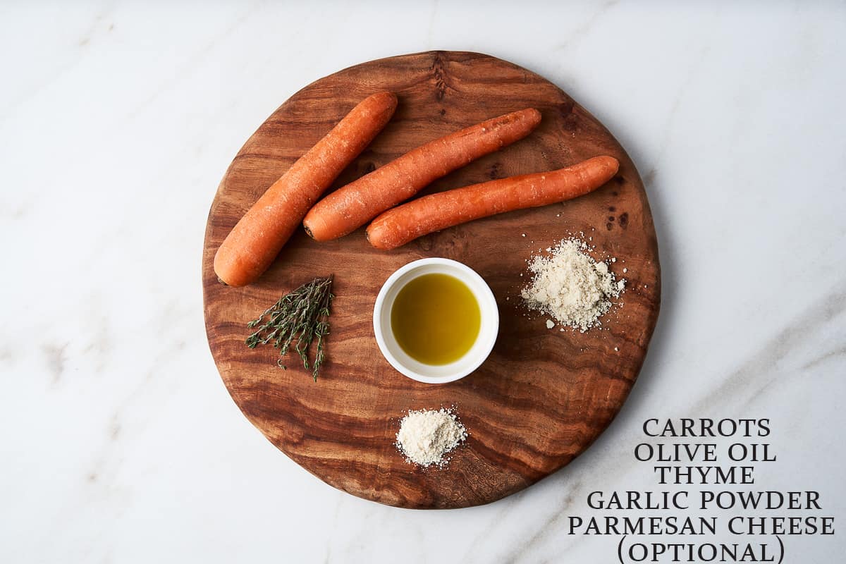 Ingredients to make air fryer carrots with text overlay.