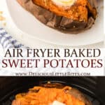 Two images of air fryer sweet potatoes with text overlay between them.