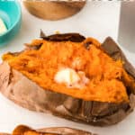 Sweet potatoes with butter with text overlay.