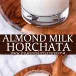 Two images of vegan, almond milk horchata with text overlay.