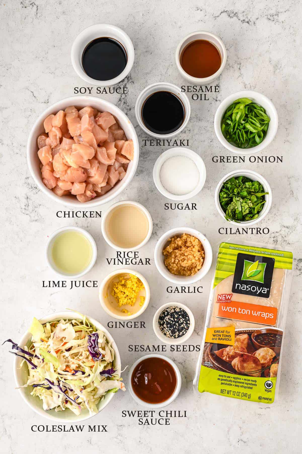 Ingredients to make Applebee's Wonton Chicken Tacos with text overlay.