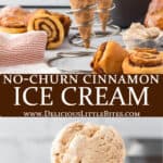 Two images of cinnamon ice cream in a bowl and cones with text overlay between them.