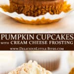Two images of pumpkin spice cupcakes with text overlay between them.