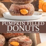 Two images of pumpkin filled donuts with text overlay between them.
