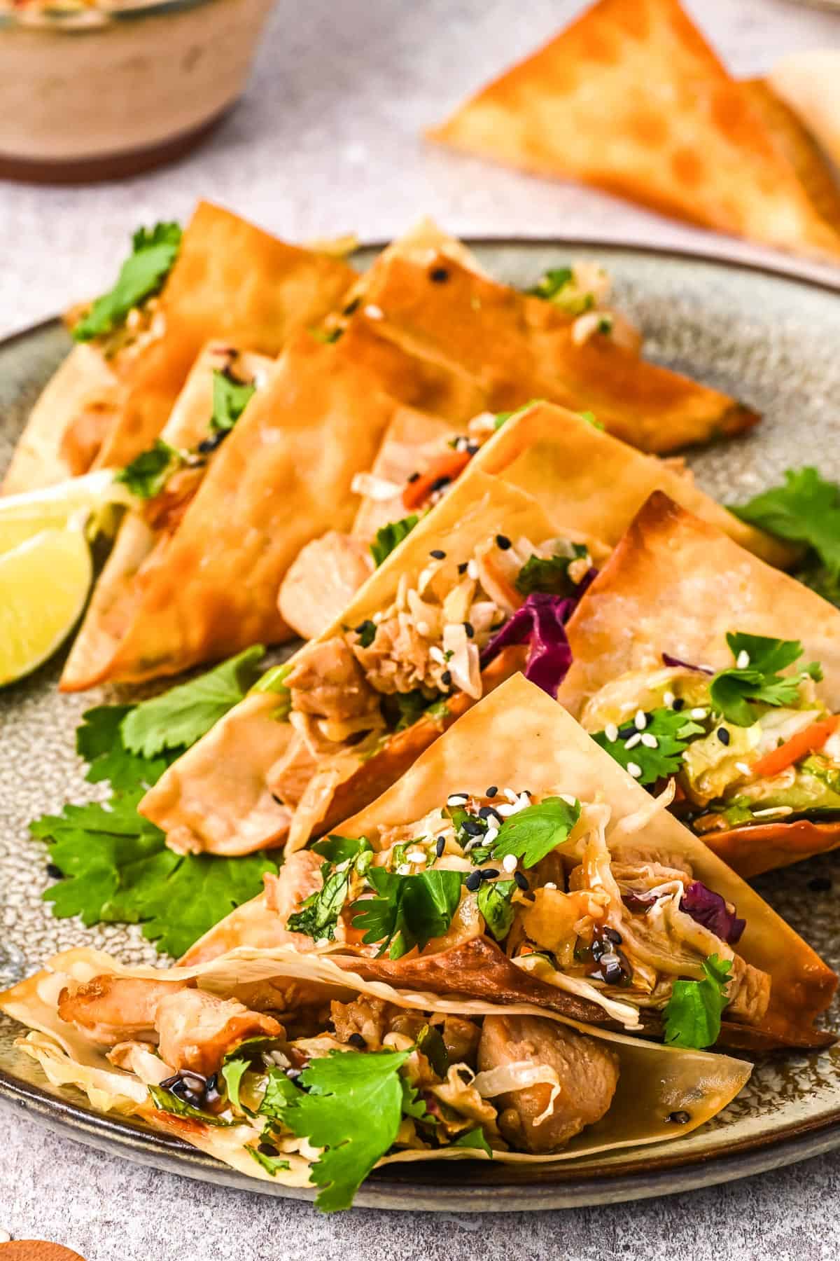 A plate of wonton chicken tacos similar to Applebee's appetizer recipe.
