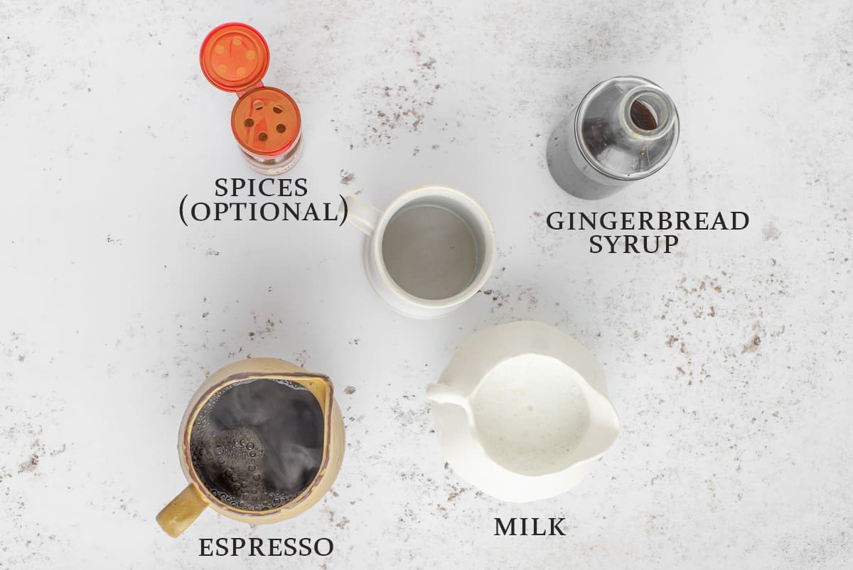 Ingredients to make a gingerbread latte on a white background with text overlay.
