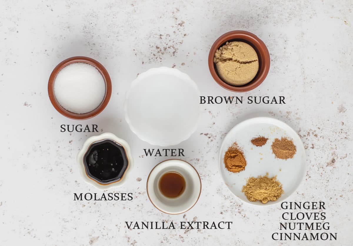 Ingredients to make gingerbread syrup on a white background with text overlay.