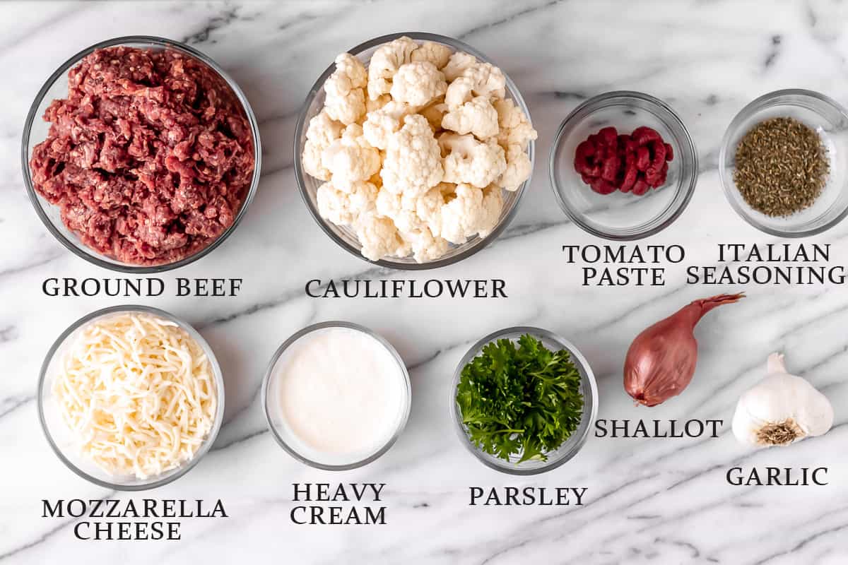 Ingredients for Italian ground beef cauliflower skillet with text overlay.