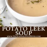 Two images of potato leek soup with text overlay between them.