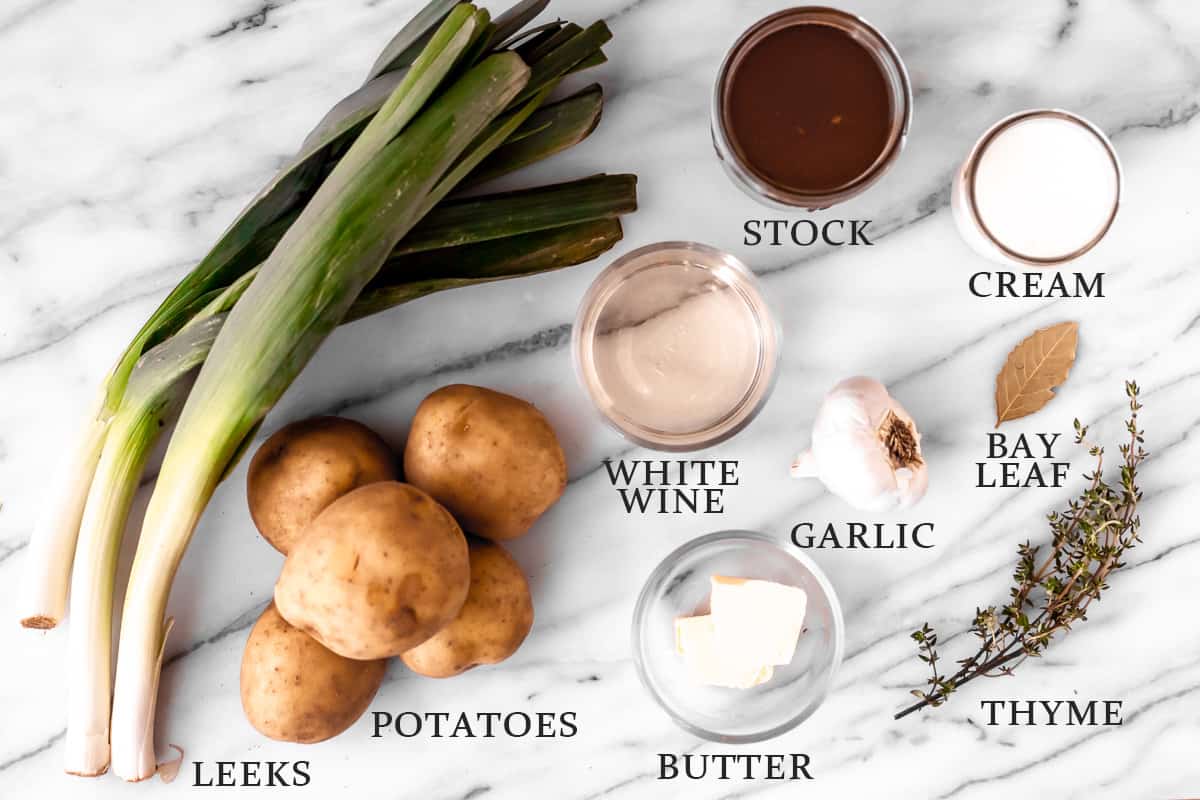 Ingredients to make potato leek soup with text overlay.