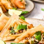 Wonton chicken tacos with text overlay.