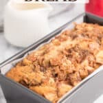 Apple fritter bread in the pan with text overlay.