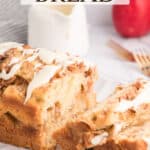 Apple fritter bread on a white plate with slices cut out and text overlay.