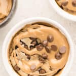 Peanut Butter Chocolate Blended Baked Oats in a ramekin with text overlay.