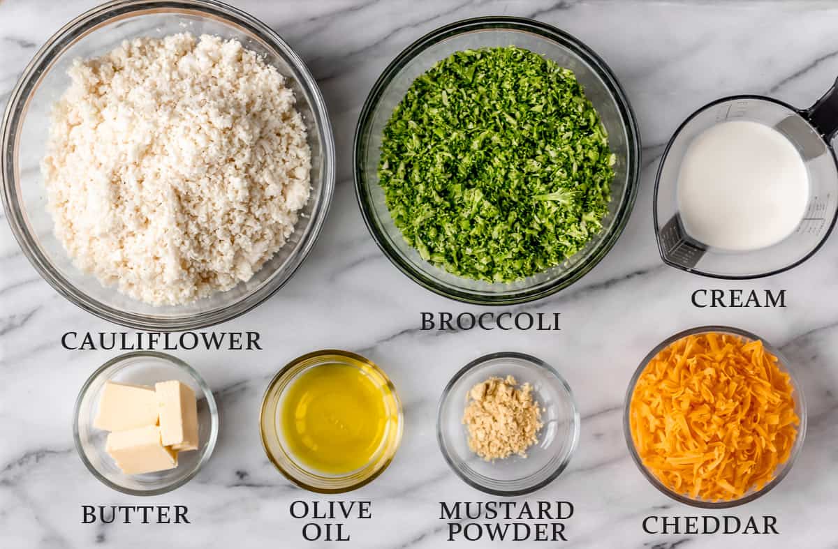 Ingredients needed to make cheesy broccoli cauliflower rice in bowls with text overlays.