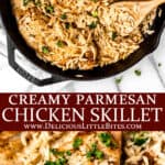 Two images of a chicken and orzo skillet meal with text overlay between them