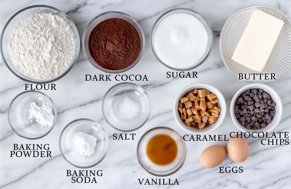 Ingredients needed to make dark chocolate salted caramel cookies with text overlay.