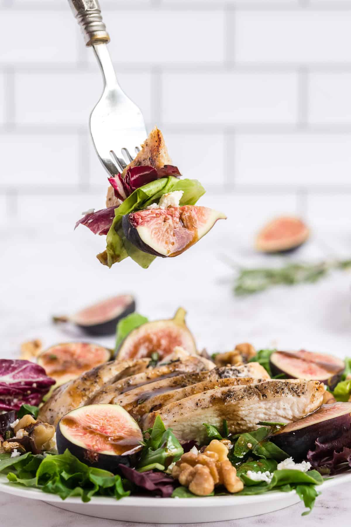 A bite of fig salad being lifted up over a plate of lettuce, figs and chicken with a white tile background.