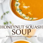 Two images of Honeynut squash soup in a bowl with text overlay between them.