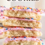 A stack of four sugar cookie halves with pink icing and rainbow sprinkles. Text overlay reads Lofthouse Cookies.
