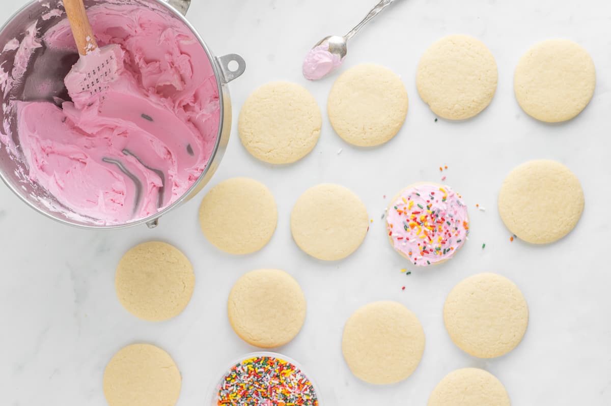 Baked sugar cookies on a white background with a bowl of frosting and a bowl of rainbow sprinkles. One cookie has been frosted and decorated.