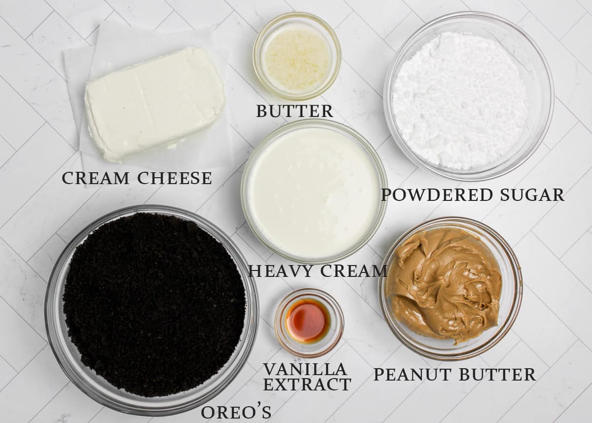 Ingredients needed to make mini peanut butter pies on a white background with text overlay.