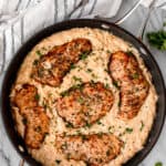 Parmesan Chicken Orzo in a skillet with text overlay.