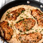 Parmesan Chicken Orzo in a skillet with text overlay.