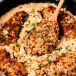 Parmesan Chicken Orzo in a skillet with a wood spoon lifting up a piece of chicken with text overlay.